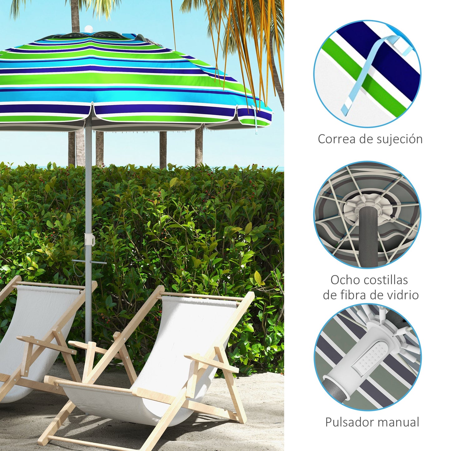 Outsunny Sombrilla de Playa Ø178x205 cm Parasol para Terraza con Reclinación 45° Altura Ajustable Apertura Manual Anti-UV Impermeable y Bolsa de Transporte para Jardín Piscina Multicolor