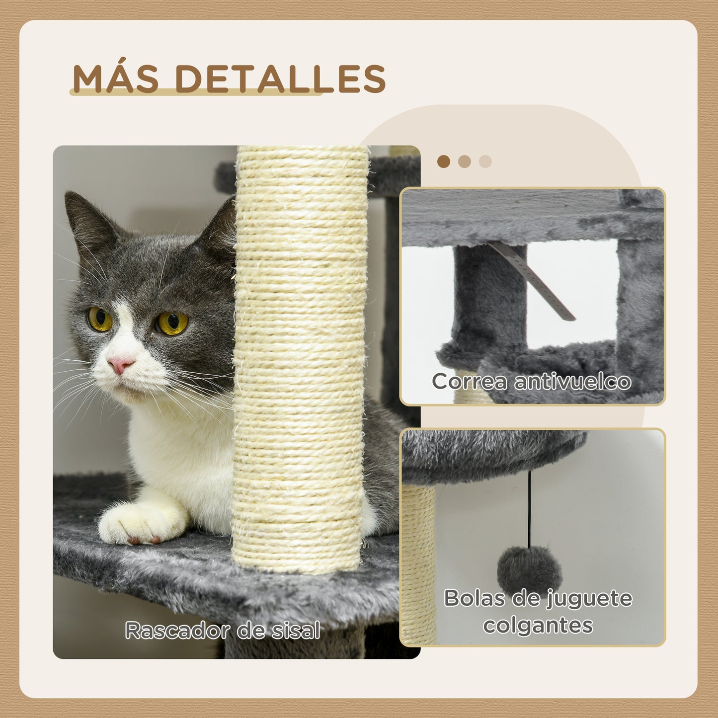 PawHut Árbol Rascador para Gatos de 144 cm Torre para Gatos con 4 Formas Postes para Rascar Cama Cueva Plataformas Hamaca y Bolas Colgantes 49x49x144 cm Gris