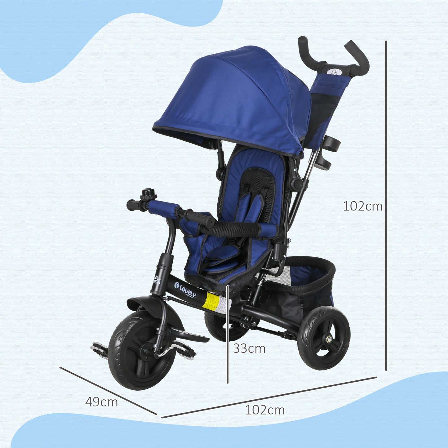 HOMCOM Triciclo para Bebés Triciclo Evolutivo para Niños con Toldo Plegable Mango de Empuje Telescópico y Desmontable Bolso para Mamá y Portabotellas 102x49x102 cm Azul Oscuro