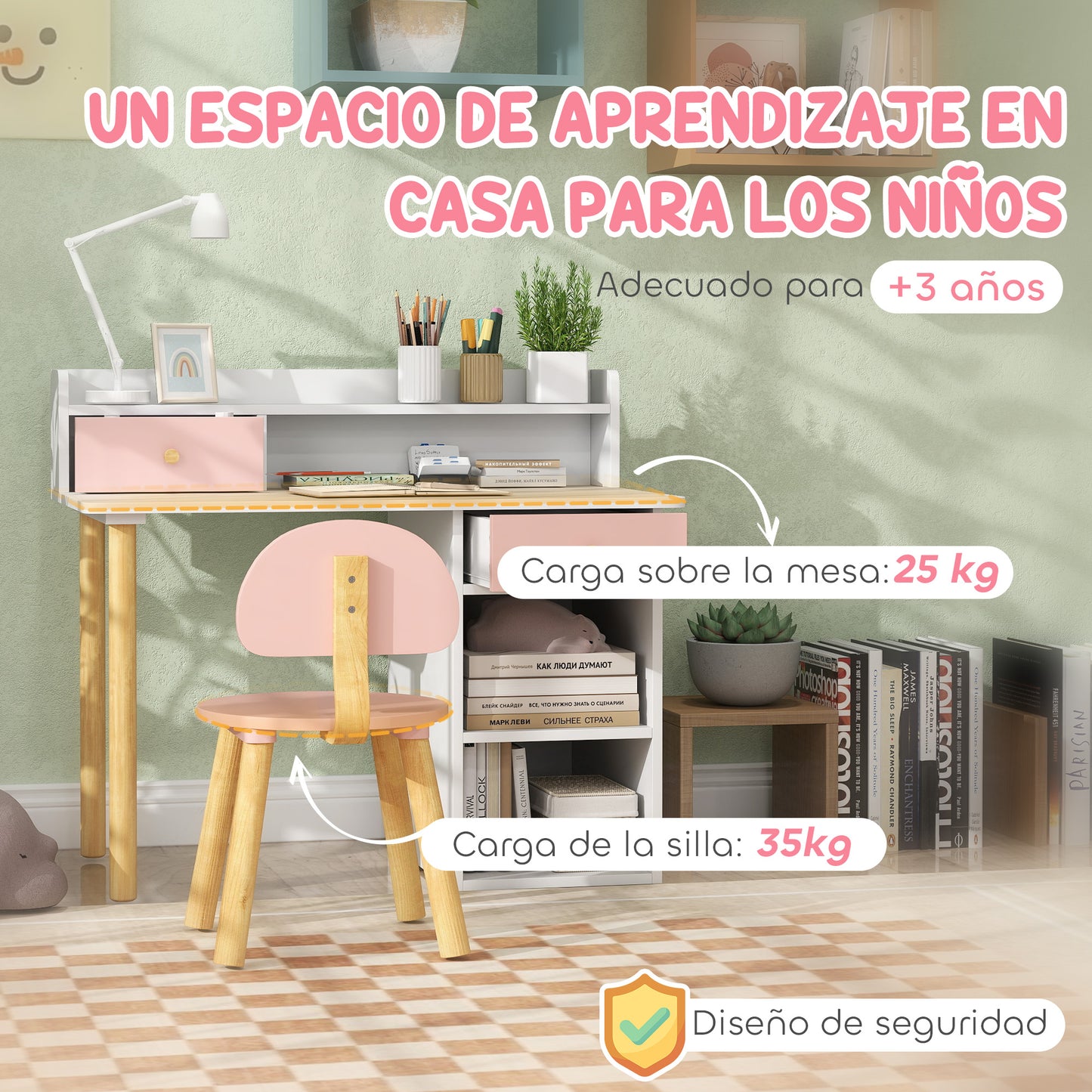 AIYAPLAY Juego de Escritorio y Silla para Niños de +3 Años Pupitre Infantil con Cajones Compartimento y Estantes para Dormitorio Sala Estudio Rosa y Blanco