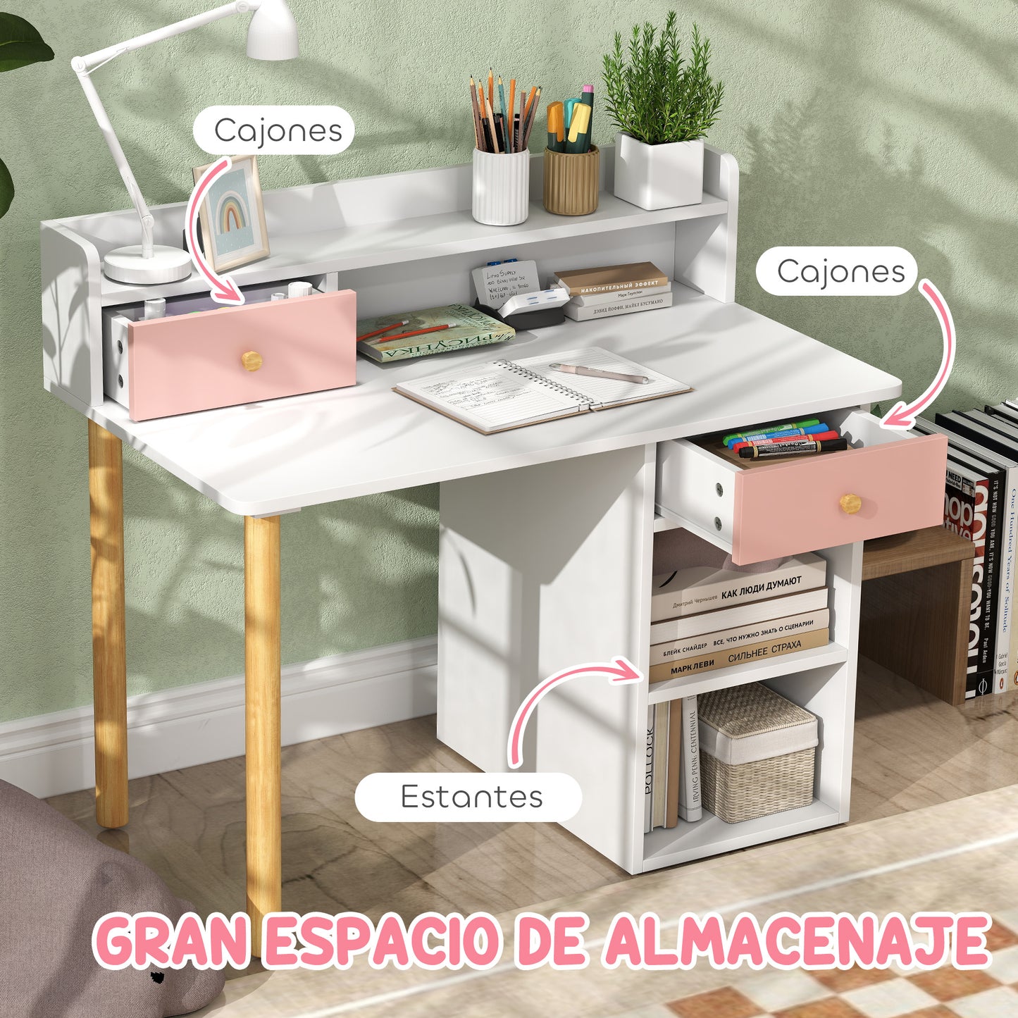 AIYAPLAY Juego de Escritorio y Silla para Niños de +3 Años Pupitre Infantil con Cajones Compartimento y Estantes para Dormitorio Sala Estudio Rosa y Blanco