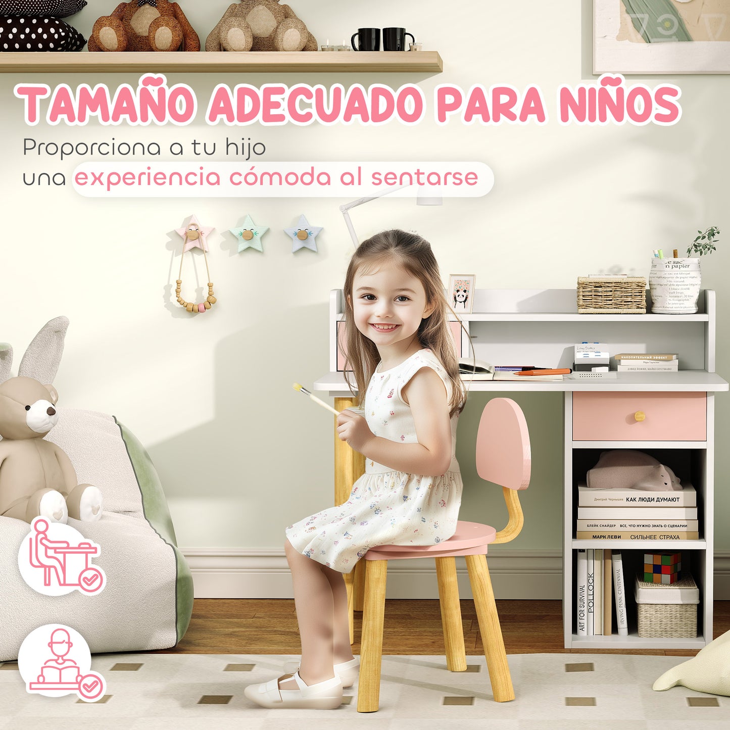 AIYAPLAY Juego de Escritorio y Silla para Niños de +3 Años Pupitre Infantil con Cajones Compartimento y Estantes para Dormitorio Sala Estudio Rosa y Blanco