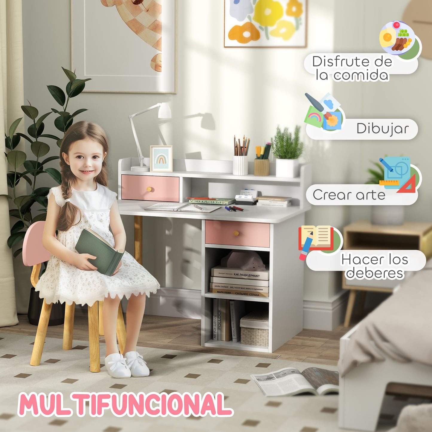 AIYAPLAY Juego de Escritorio y Silla para Niños de +3 Años Pupitre Infantil con Cajones Compartimento y Estantes para Dormitorio Sala Estudio Rosa y Blanco