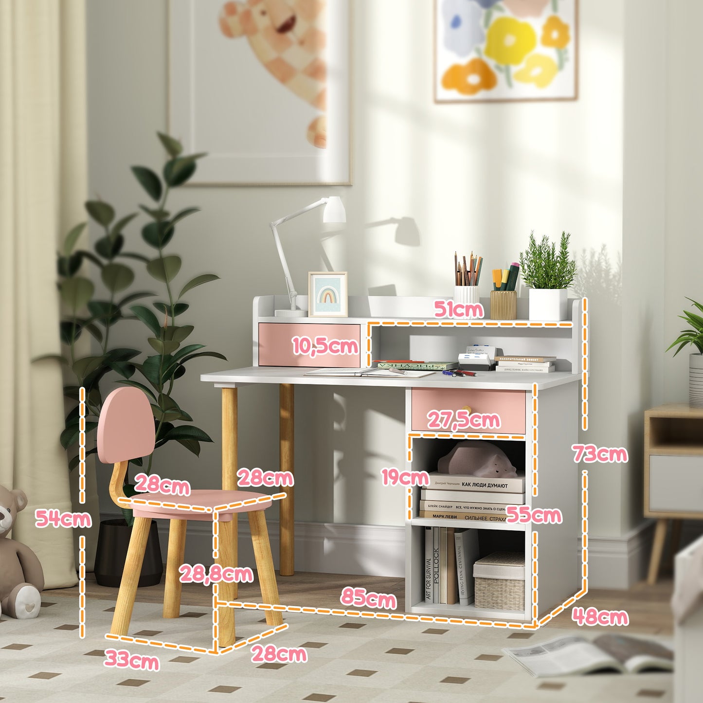 AIYAPLAY Juego de Escritorio y Silla para Niños de +3 Años Pupitre Infantil con Cajones Compartimento y Estantes para Dormitorio Sala Estudio Rosa y Blanco