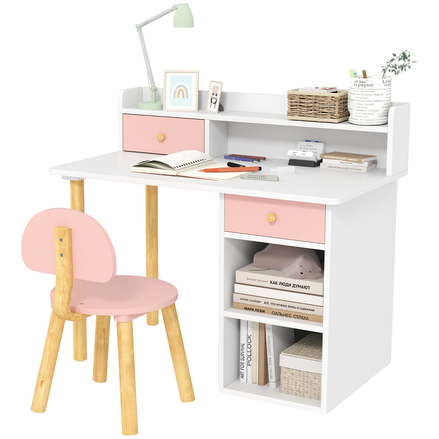 AIYAPLAY Juego de Escritorio y Silla para Niños de +3 Años Pupitre Infantil con Cajones Compartimento y Estantes para Dormitorio Sala Estudio Rosa y Blanco