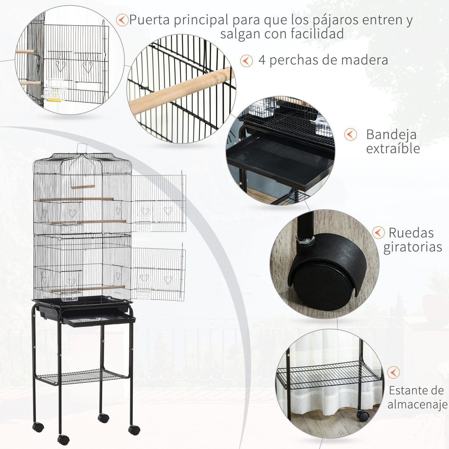 PawHut Jaula para Pájaros con Ruedas 46,5x36x157 cm Jaula Metálica de Aves con Puertas 4 Comederos 3 Perchas Bandeja Extraíble y Estante de Almacenaje para Canarios Periquitos Negro