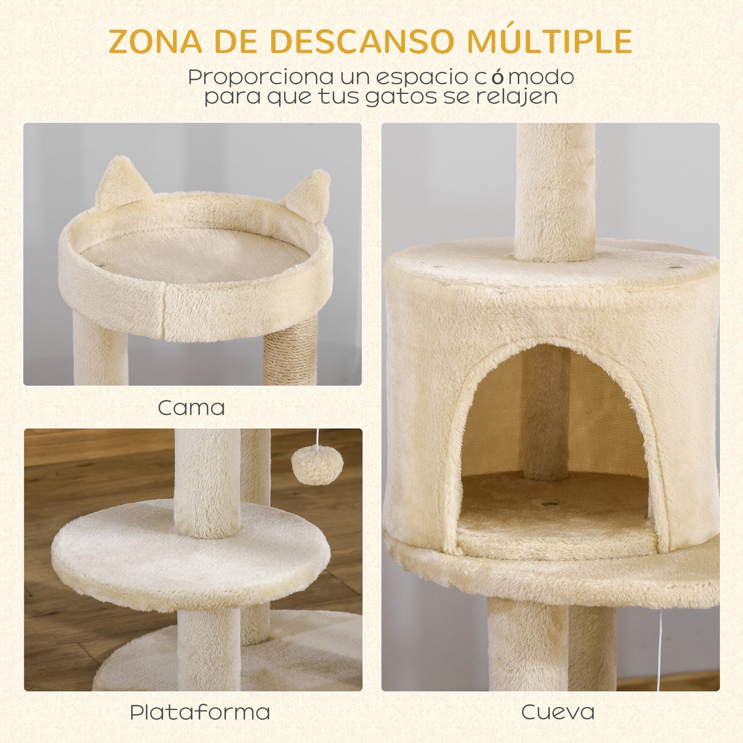 PawHut Árbol Rascador para Gatos de 104 cm Rascador para Gatos con Plataformas Refugio Postes de Sisal y Bola Colgante 48x48x104 cm Crema