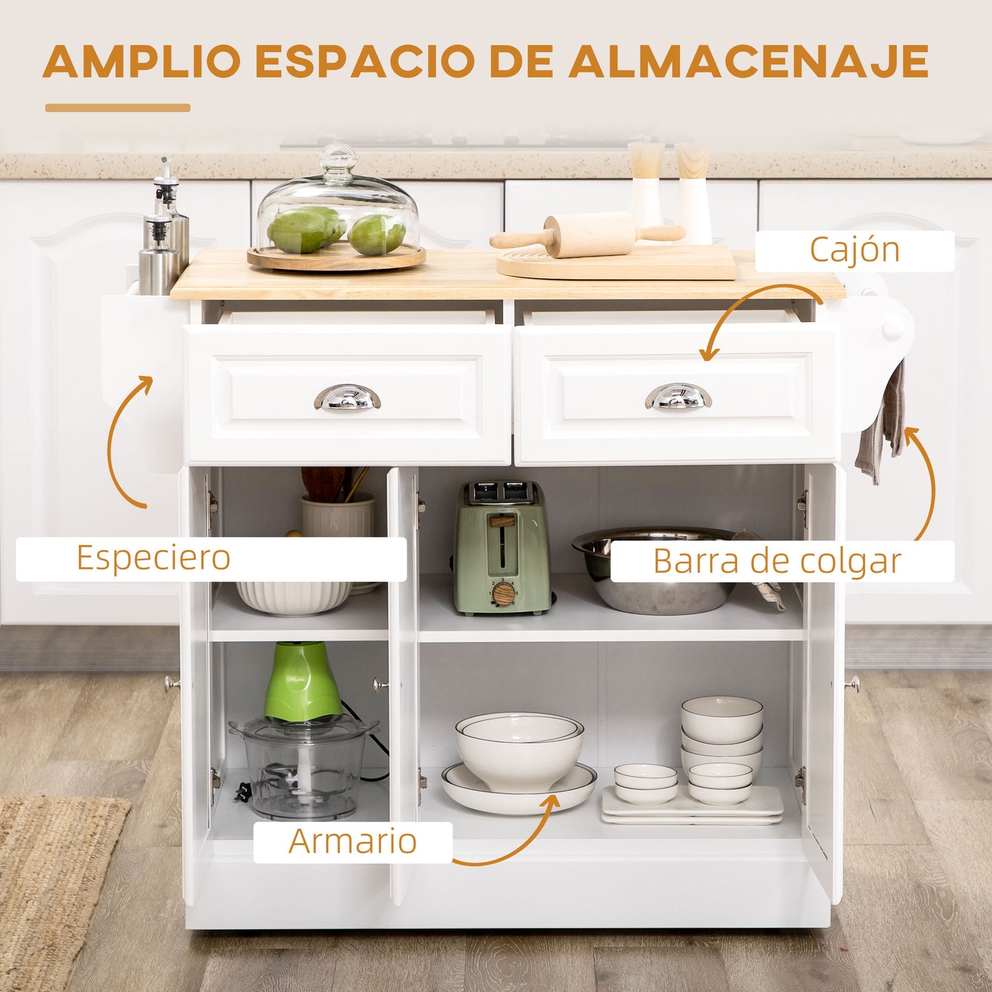 HOMCOM Isla de Cocina Carro de Cocina con Ruedas Carro Multiusos con 2 Cajones 3 Puertas Toallero y Estante para Especias para Comedor 110x45x91 cm Blanco