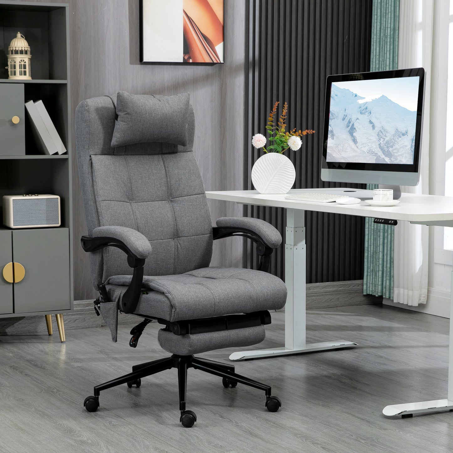 Vinsetto Silla de Masaje con 6 Puntos de Masaje y 5 Modos Silla de Escritorio Reclinable hasta 155° con Función de Calefacción Altura Ajustable Reposapiés y Ruedas para Estudio 66x76x112-120 cm Gris