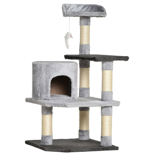 PawHut Árbol para Gatos Rascador Grande 48x48x100 cm Torre para Gatos con Plataformas Casetas Ratón de Juego Postes para Rascar y Cubierto de Felpa Gris