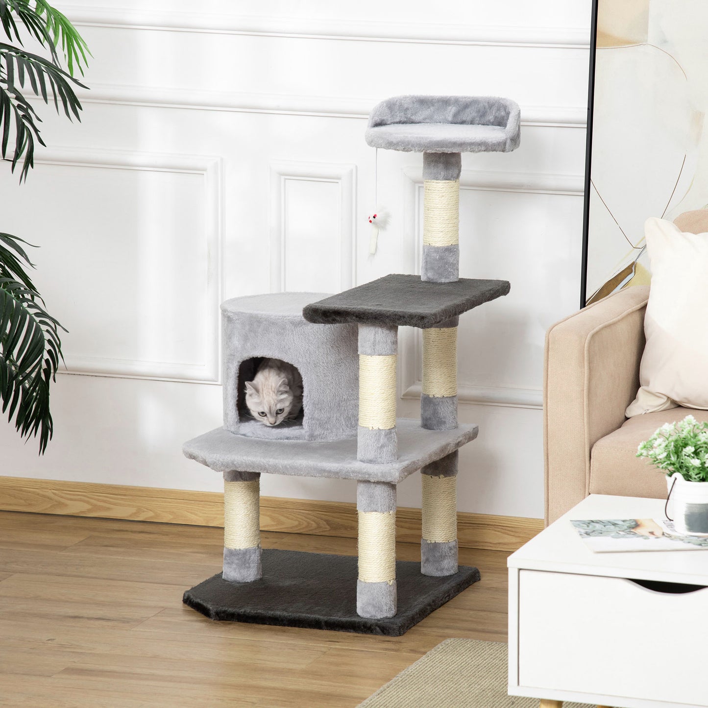 PawHut Árbol para Gatos Rascador Grande 48x48x100 cm Torre para Gatos con Plataformas Casetas Ratón de Juego Postes para Rascar y Cubierto de Felpa Gris