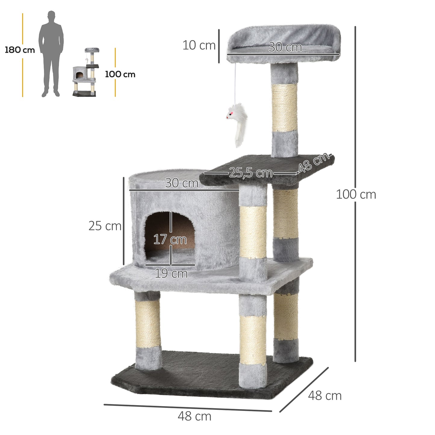 PawHut Árbol para Gatos Rascador Grande 48x48x100 cm Torre para Gatos con Plataformas Casetas Ratón de Juego Postes para Rascar y Cubierto de Felpa Gris