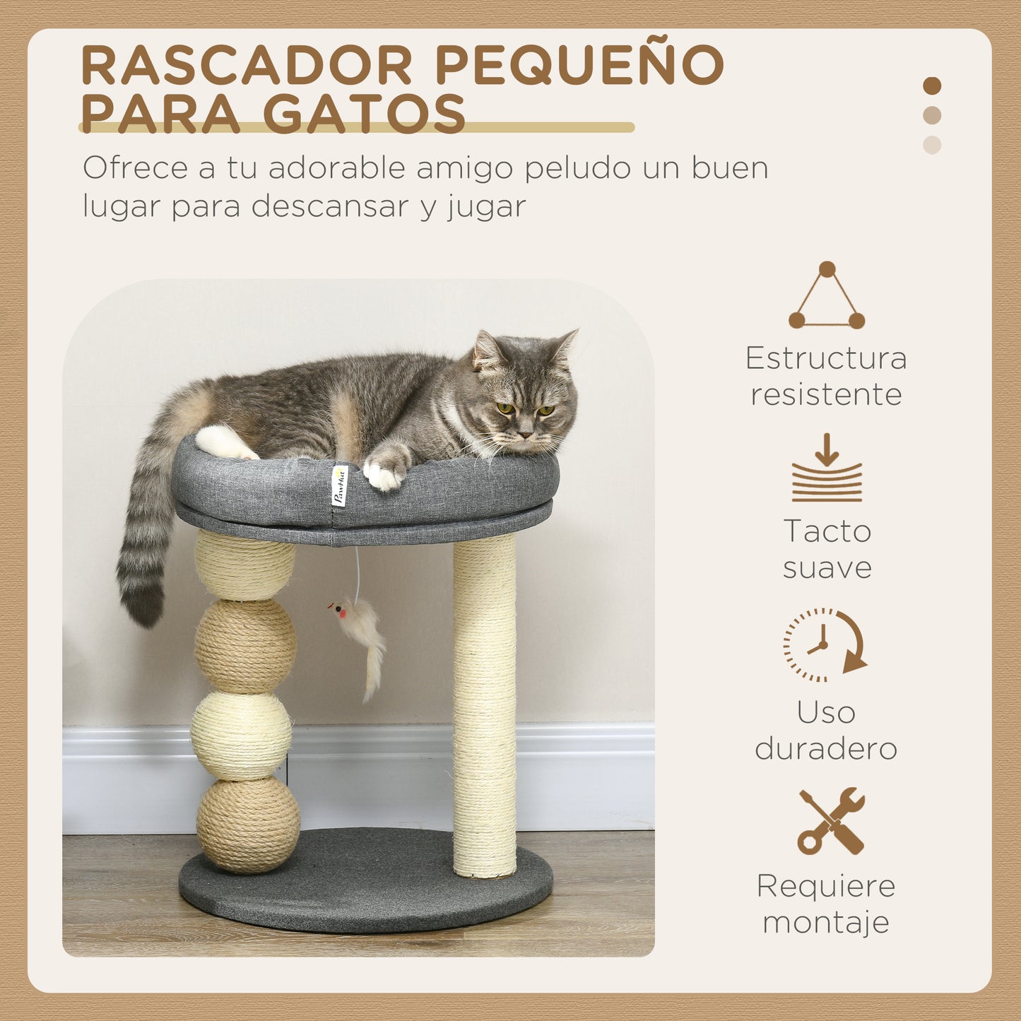 PawHut Árbol Rascador para Gatos Pequeño Torre para Gatos Centro de Actividades para Gatitos con Nido 4 Bolas y Poste de Sisal Carga 15 kg Ø40x48 cm Gris y Beige