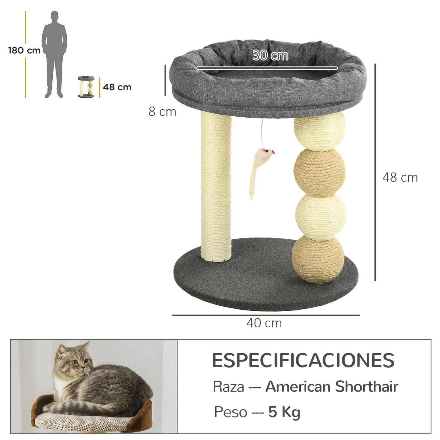 PawHut Árbol Rascador para Gatos Pequeño Torre para Gatos Centro de Actividades para Gatitos con Nido 4 Bolas y Poste de Sisal Carga 15 kg Ø40x48 cm Gris y Beige