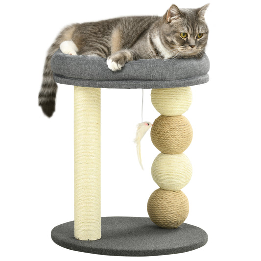 PawHut Árbol Rascador para Gatos Pequeño Torre para Gatos Centro de Actividades para Gatitos con Nido 4 Bolas y Poste de Sisal Carga 15 kg Ø40x48 cm Gris y Beige