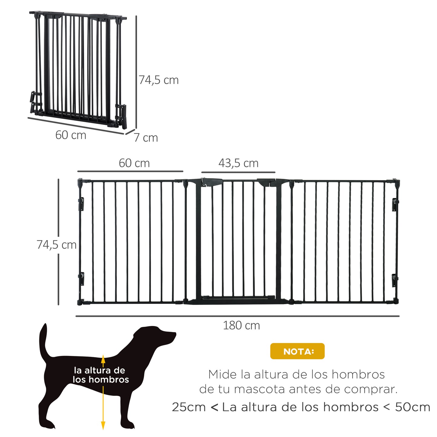 PawHut Barrera para Perros Plegable Valla para Mascotas de 3 Paneles con Cierre Inteligente Barrera de Seguridad para Escalera Pasillo 180x74,5 cm Negro