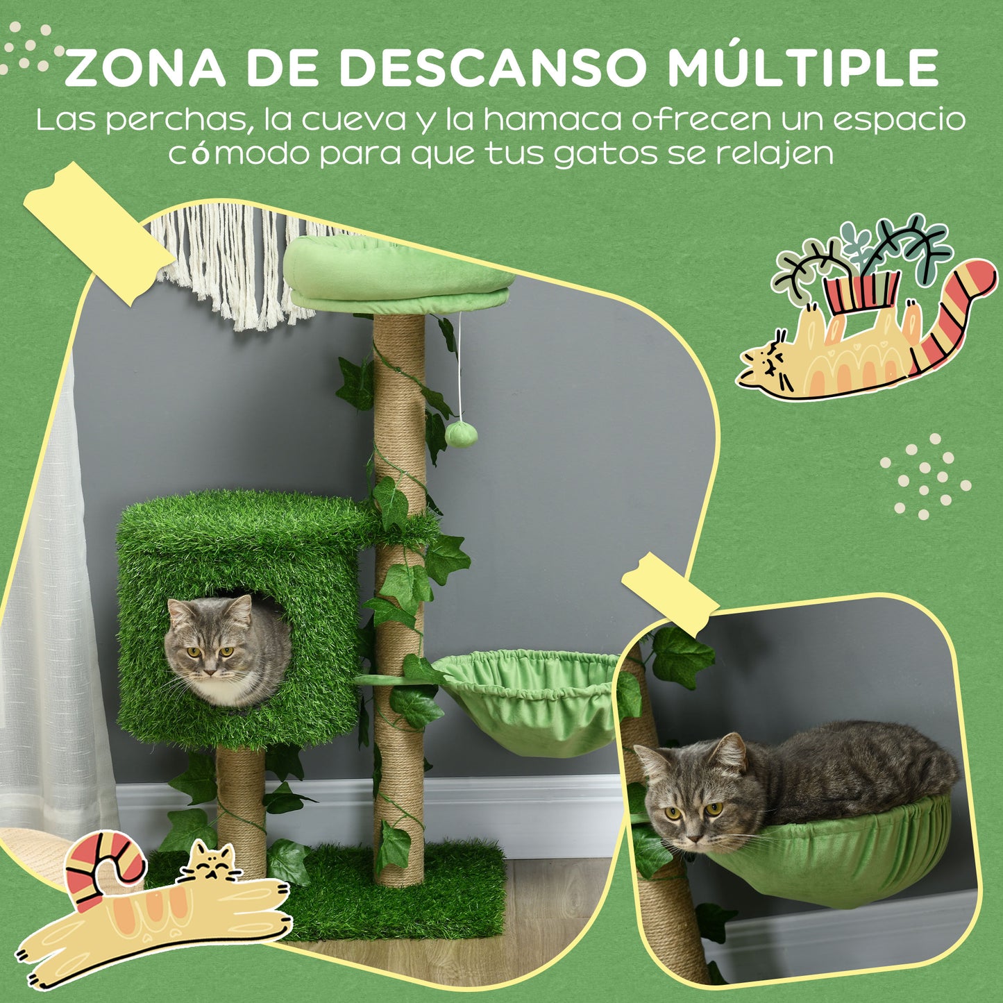 PawHut Árbol Rascador para Gatos 91 cm Torre para 1-2 Gatos con Caseta Cama Hamaca Poste de Yute y Bola Colgante 50x40x91 cm Verde