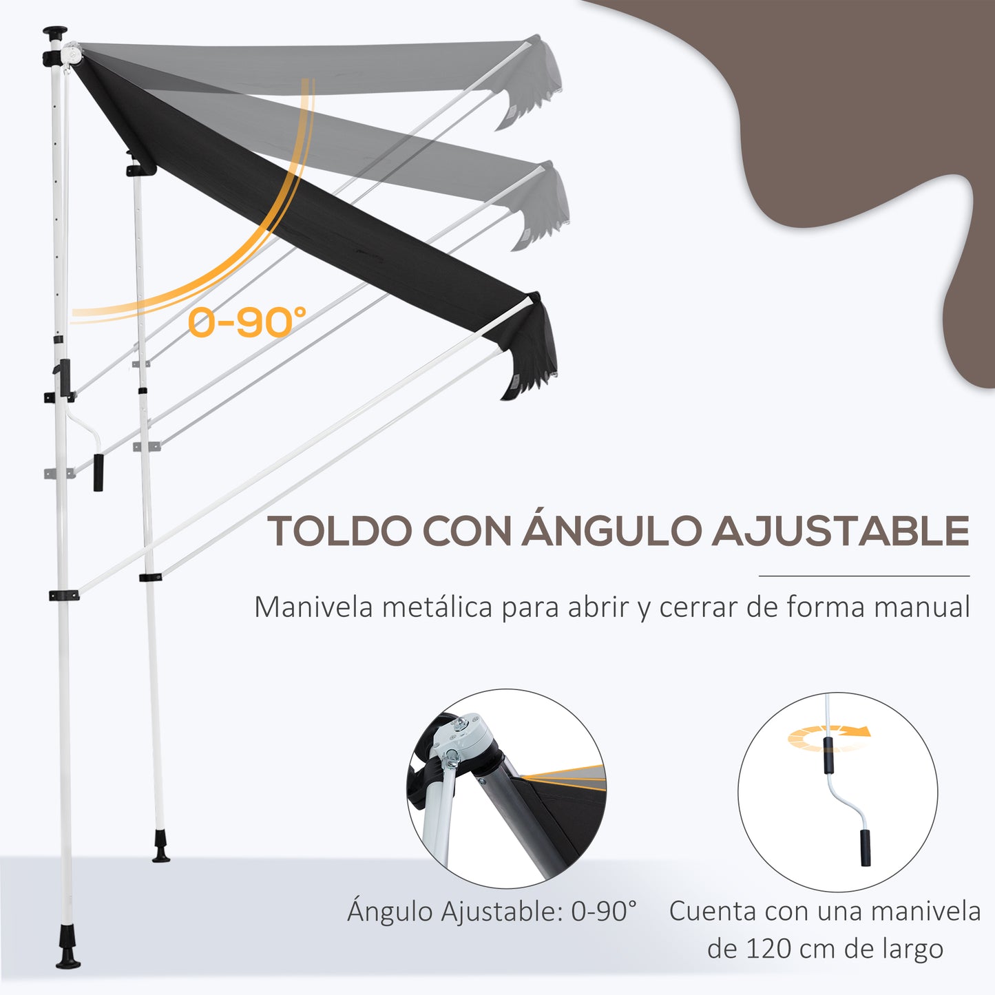 Outsunny Toldo Manual Retráctil 200x150x170-280 cm Toldo para Balcón con Altura Ajustable Manivela y Protección Solar para Terraza Jardín Gris