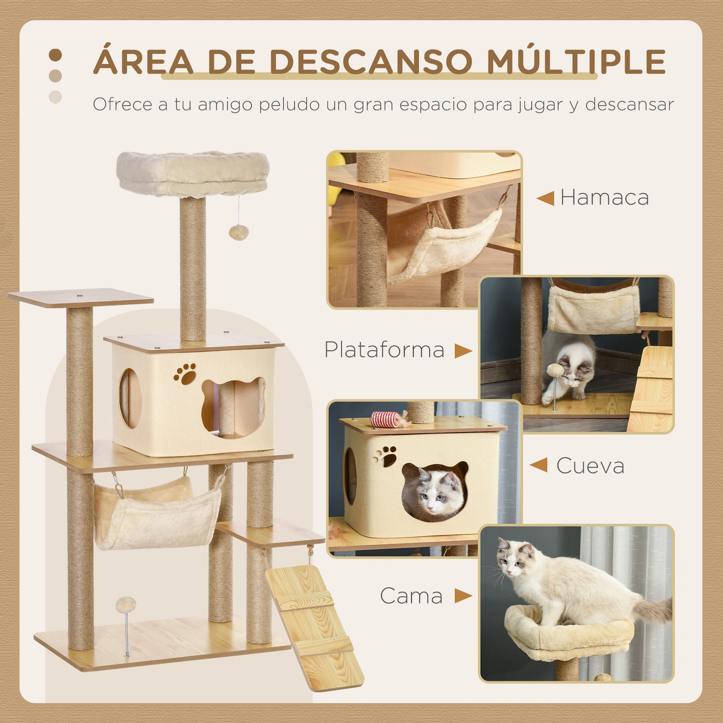 PawHut Árbol Rascador para Gatos Torre de Escalada con Plataformas Hamaca Escalera Cueva Postes para Rascar de Yute Bola Colgante Juego y Descanso 60x40x130 cm Beige