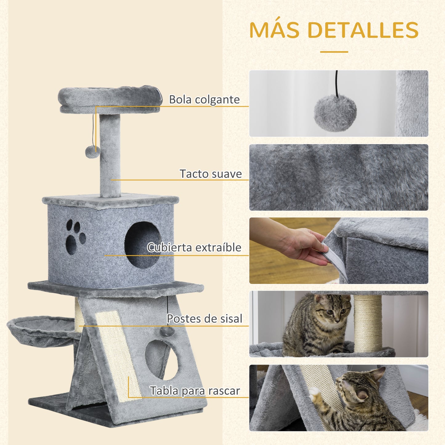 PawHut Árbol Rascador para Gatos Altura 111 cm Torre para Gatos con Cama Cueva Hamaca Bola Colgante Postes y Rampa de Sisal 50x40x111 cm Gris