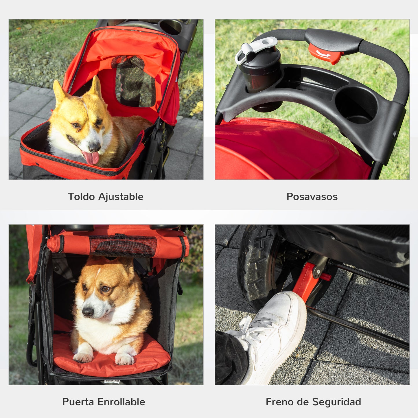 PawHut Carrito para Perros Plegable Cochecito para Mascotas Carrito para Perros Pequeños con 3 Ruedas Ventanas de Malla Cesta de Almacenaje y Correas de Seguridad 109,5x57,5x106,5 cm Rojo