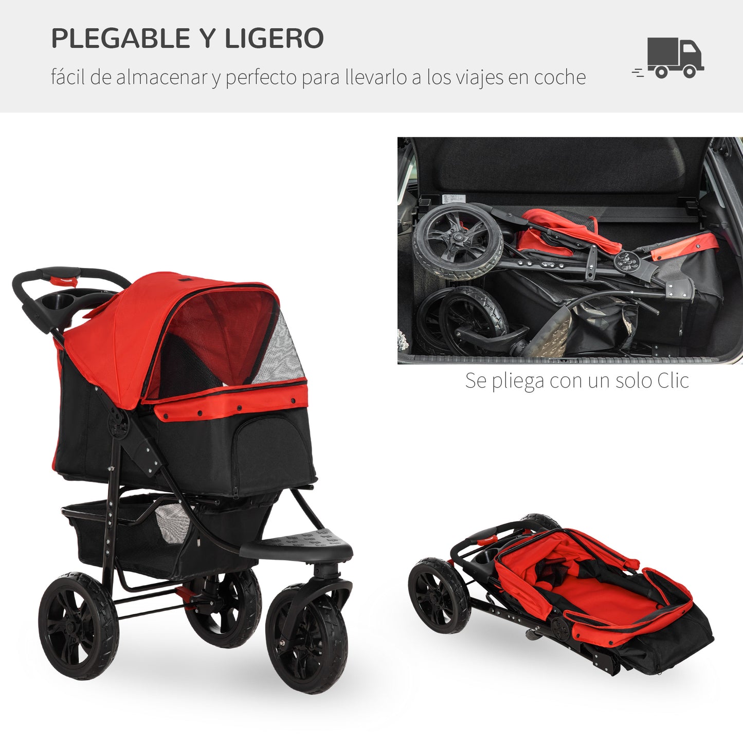 PawHut Carrito para Perros Plegable Cochecito para Mascotas Carrito para Perros Pequeños con 3 Ruedas Ventanas de Malla Cesta de Almacenaje y Correas de Seguridad 109,5x57,5x106,5 cm Rojo