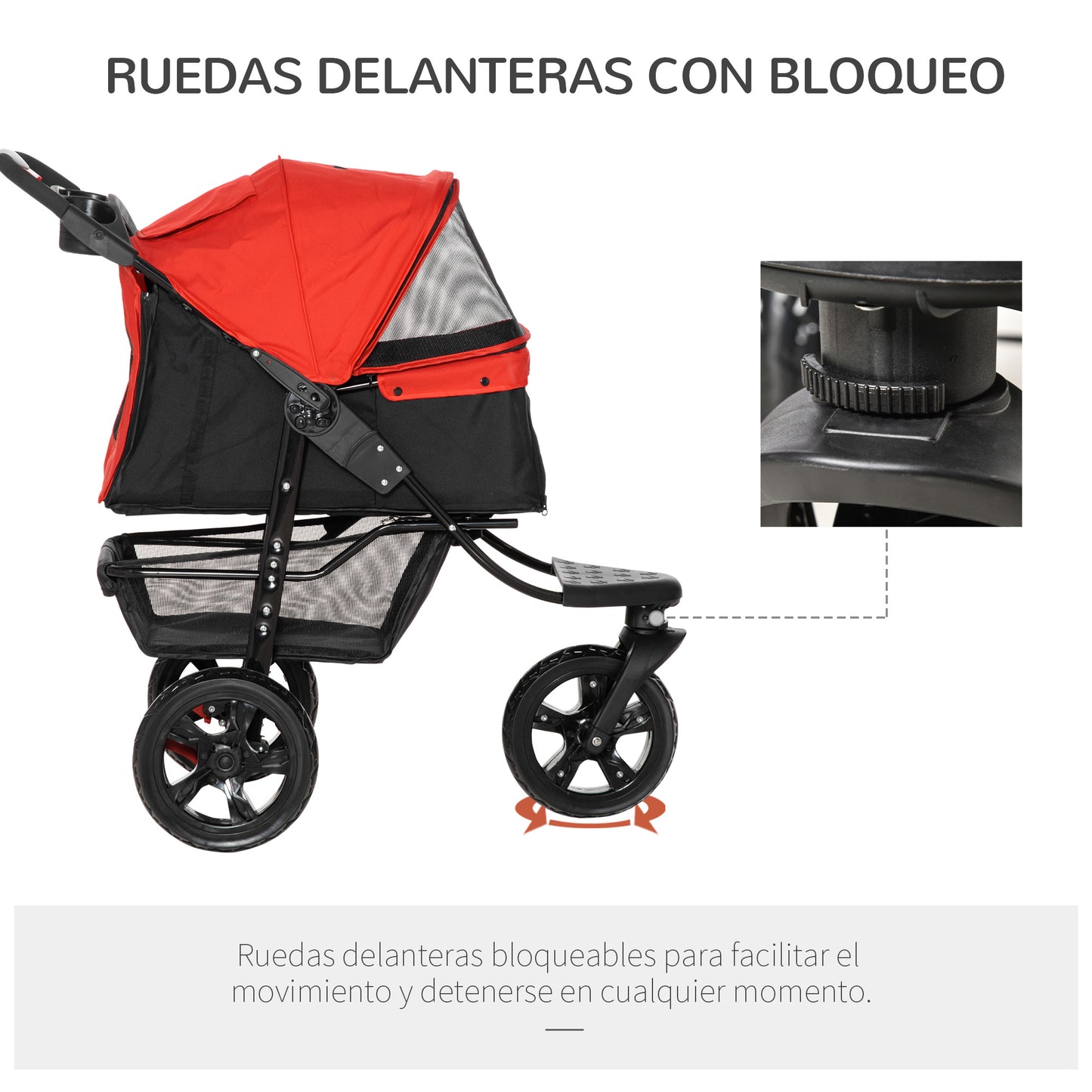 PawHut Carrito para Perros Plegable Cochecito para Mascotas Carrito para Perros Pequeños con 3 Ruedas Ventanas de Malla Cesta de Almacenaje y Correas de Seguridad 109,5x57,5x106,5 cm Rojo