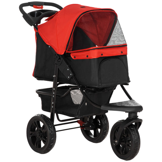 PawHut Carrito para Perros Plegable Cochecito para Mascotas Carrito para Perros Pequeños con 3 Ruedas Ventanas de Malla Cesta de Almacenaje y Correas de Seguridad 109,5x57,5x106,5 cm Rojo