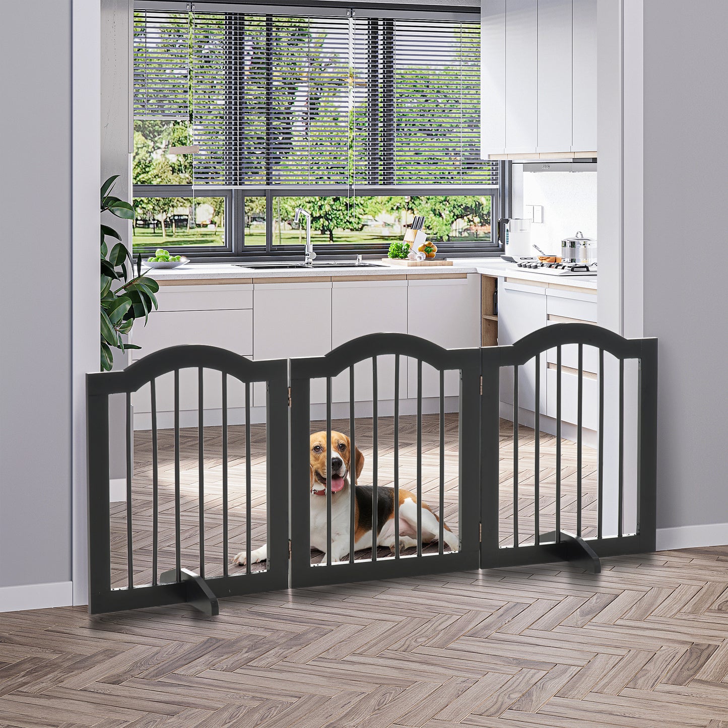 PawHut Barrera de Seguridad para Perros Pequeños Plegable Barrera para Perros en Casa de 3 Paneles con Patas Anchos para Escaleras Pasillos 154,5x29,5x61 cm Negro