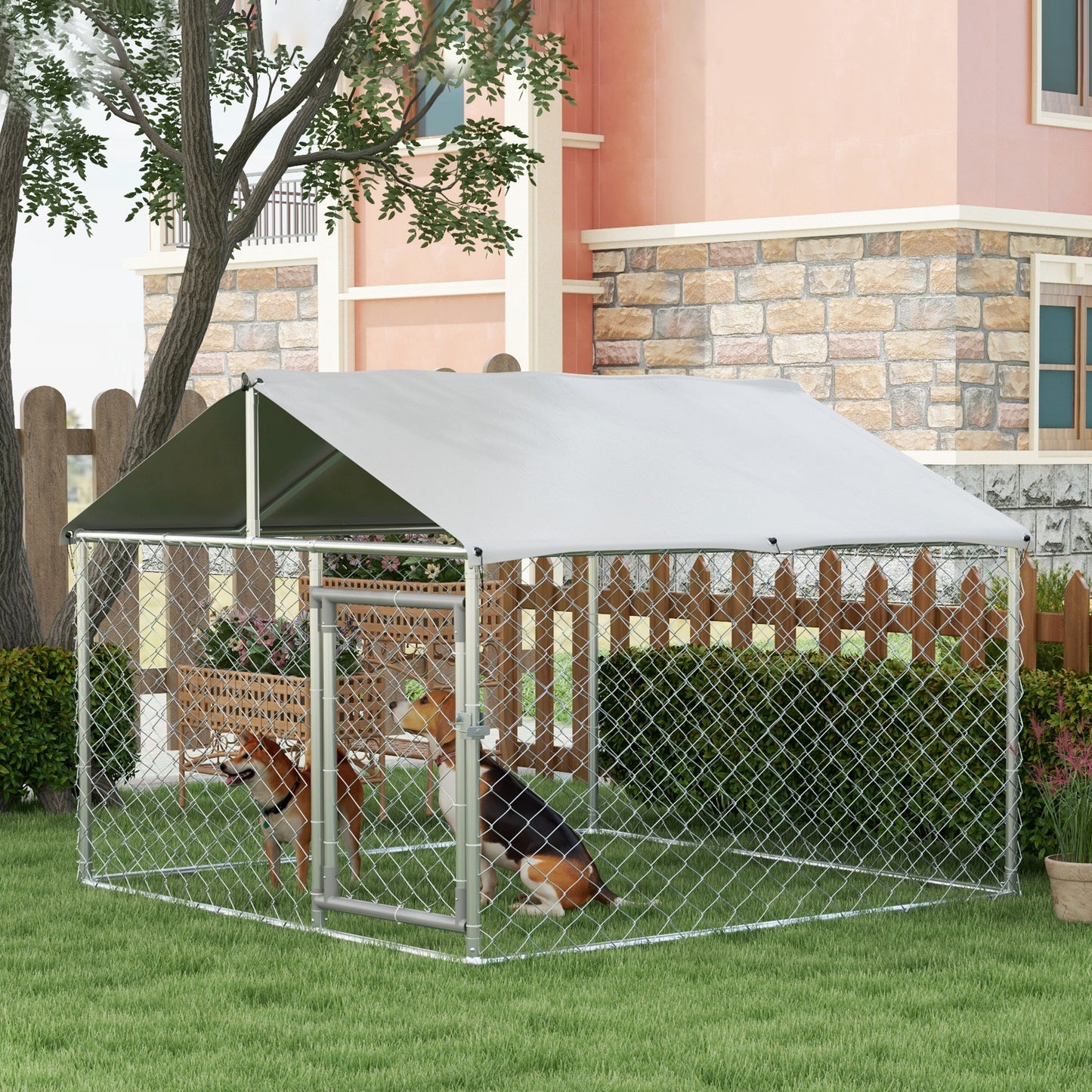 PawHut Perrera Jaula de Exterior para Perros Medianos Parque para Perros con Cerradura Marco de Acero Toldo Impermeable y Anti-UV 200x200x150 cm Plata