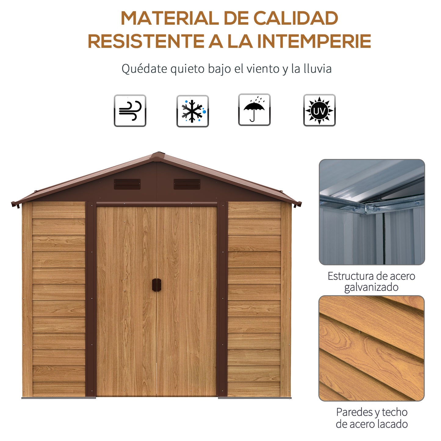 Outsunny Cobertizo de Jardín Exterior 3 m² 236x152x209 cm Caseta de Jardín Metálica con 2 Puertas Corredizas y 4 Ventanas para Almacenamiento de Herramientas Efecto Madera Natural y Café