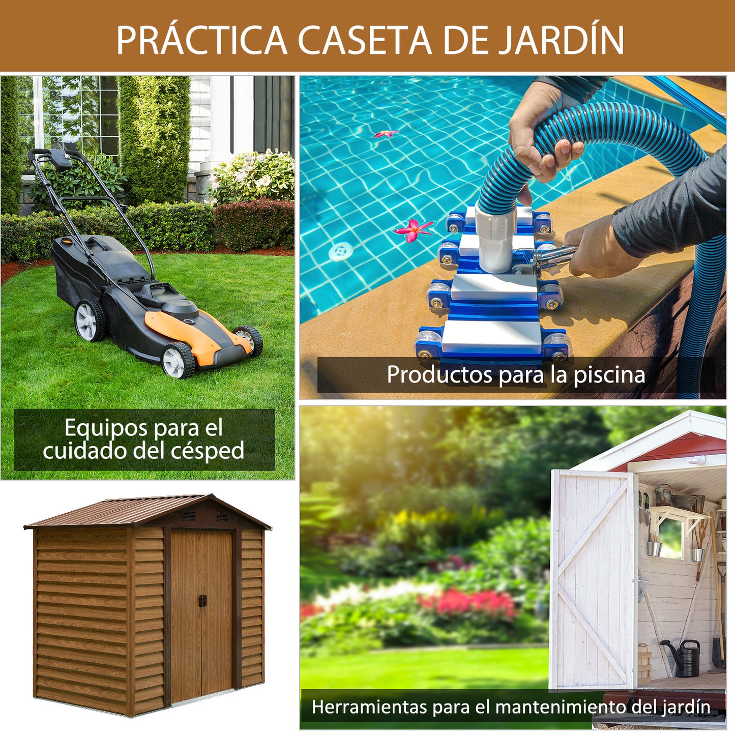 Outsunny Cobertizo de Jardín Exterior 3 m² 236x152x209 cm Caseta de Jardín Metálica con 2 Puertas Corredizas y 4 Ventanas para Almacenamiento de Herramientas Efecto Madera Natural y Café