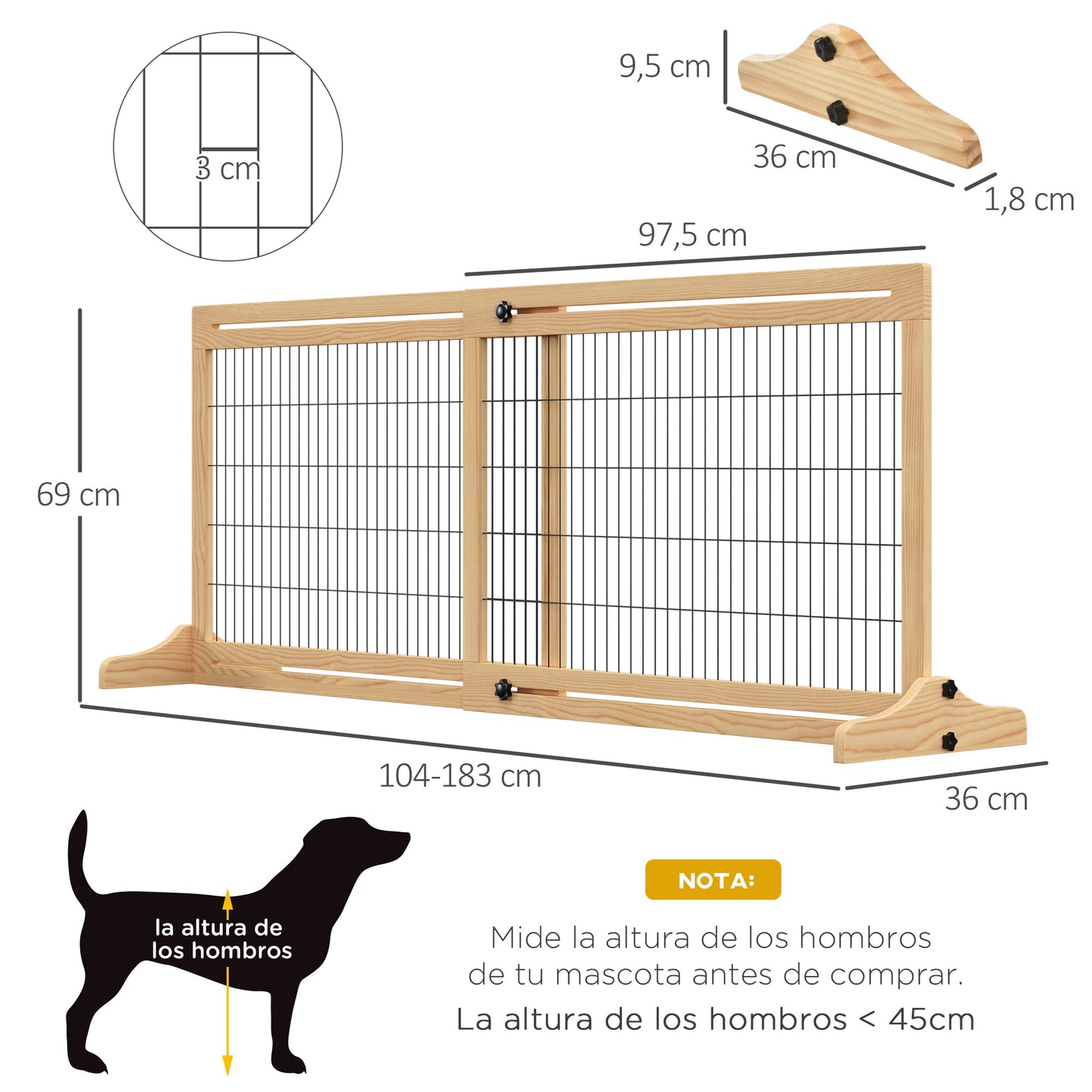 PawHut Barrera de Seguridad para Perros Extensible Barrera para Perros en Casa de Madera para Puerta Escalera Pasillo 104-183x36x69 cm Natural