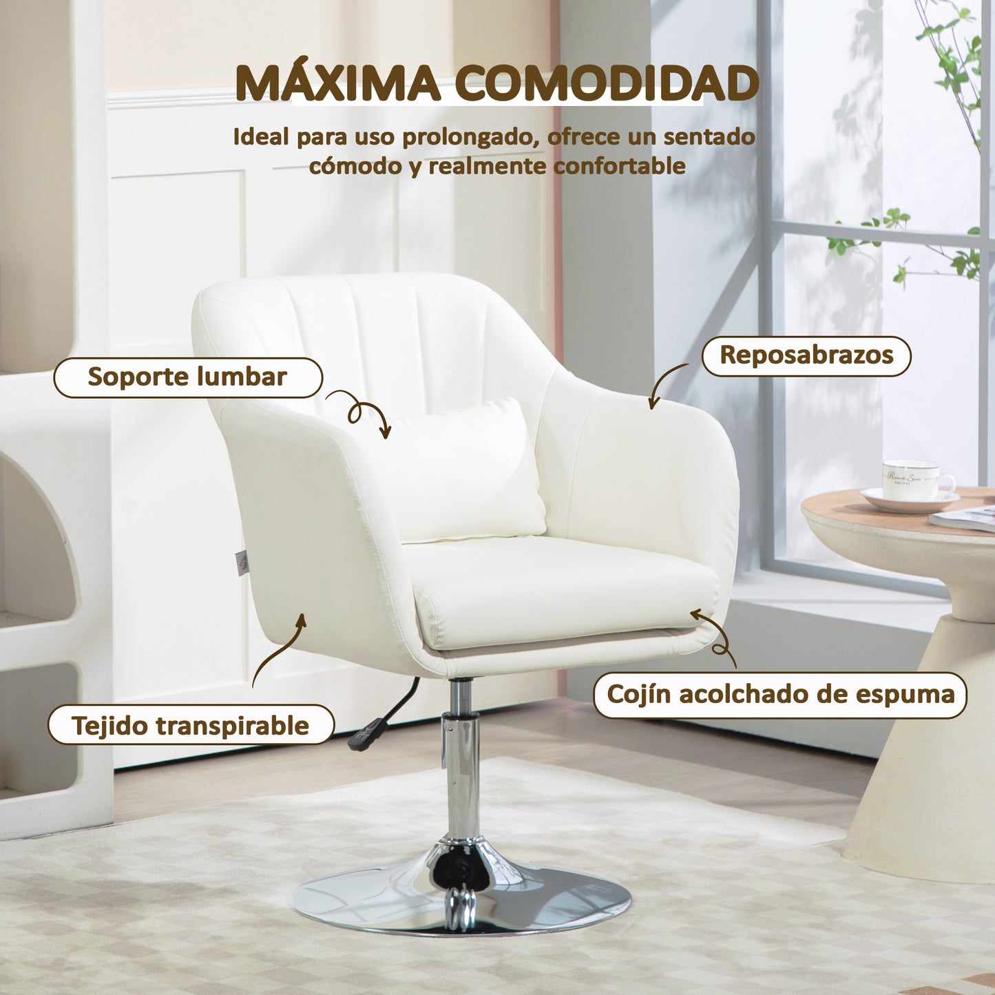 HOMCOM Butaca de Dormitorio Moderna Butaca de Salón Giratoria Tapizado en PU con Altura Ajustable Reposabrazos y Cojín Butaca para Sala de Estar Blanco