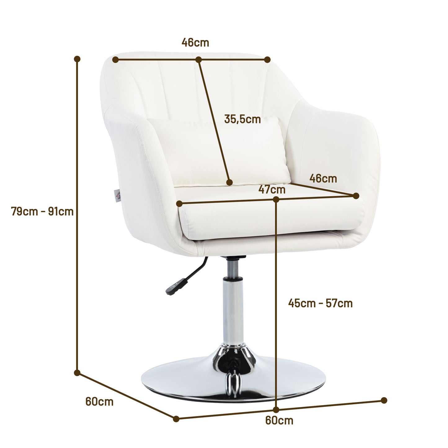 HOMCOM Butaca de Dormitorio Moderna Butaca de Salón Giratoria Tapizado en PU con Altura Ajustable Reposabrazos y Cojín Butaca para Sala de Estar Blanco