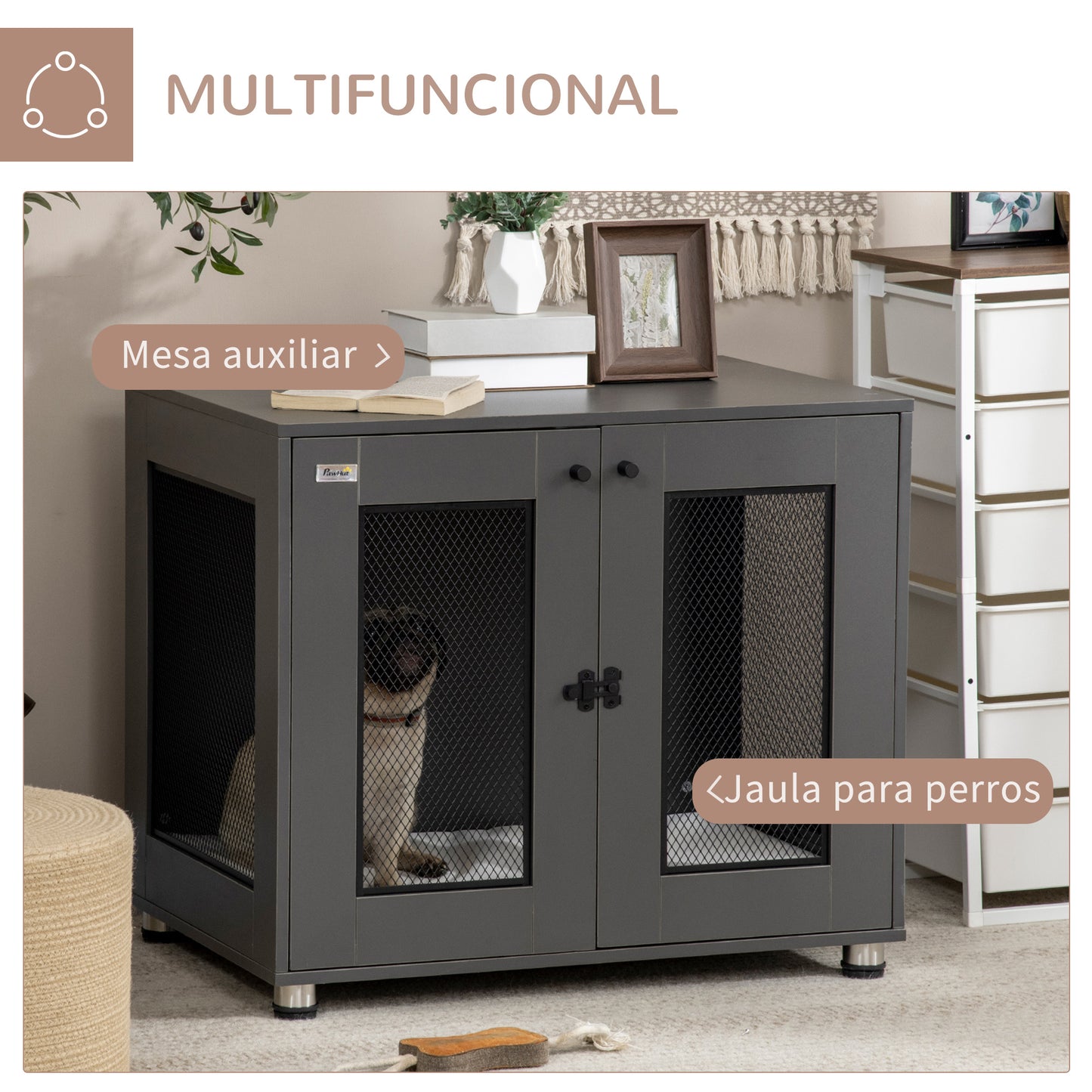 PawHut Jaula para Perros Medianos Mesa Auxiliar 80x55x70 cm con 2 Puertas con Pestillo Cojín de Tela Oxford Extraíble y Rejillas de Acero Perrera para Interiores Gris