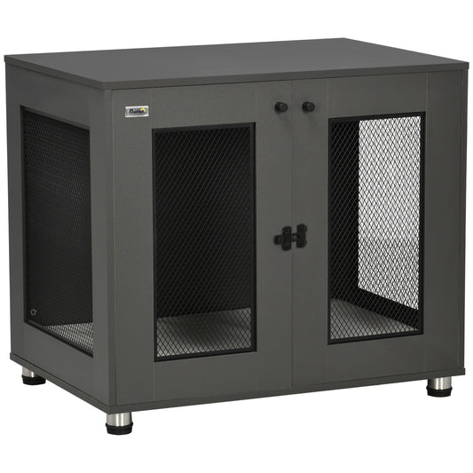 PawHut Jaula para Perros Medianos Mesa Auxiliar 80x55x70 cm con 2 Puertas con Pestillo Cojín de Tela Oxford Extraíble y Rejillas de Acero Perrera para Interiores Gris