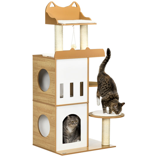 PawHut Árbol Rascador para Gatos 133 cm Torre para Gatos Rascador para Gatos con Cuevas Plataformas Bola Colgante y Postes de Sisal 60x48x133 cm Roble