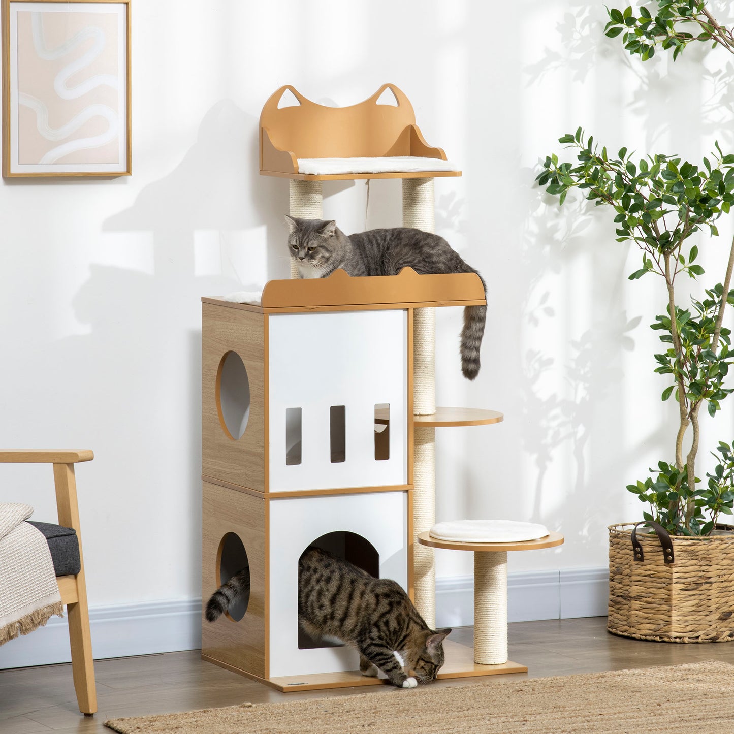 PawHut Árbol Rascador para Gatos 133 cm Torre para Gatos Rascador para Gatos con Cuevas Plataformas Bola Colgante y Postes de Sisal 60x48x133 cm Roble