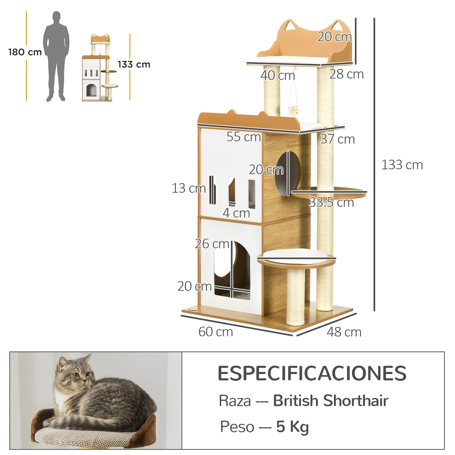 PawHut Árbol Rascador para Gatos 133 cm Torre para Gatos Rascador para Gatos con Cuevas Plataformas Bola Colgante y Postes de Sisal 60x48x133 cm Roble