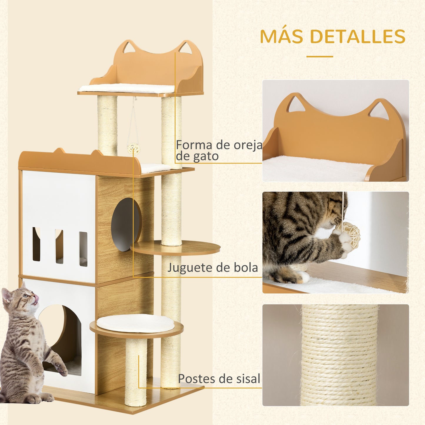 PawHut Árbol Rascador para Gatos 133 cm Torre para Gatos Rascador para Gatos con Cuevas Plataformas Bola Colgante y Postes de Sisal 60x48x133 cm Roble