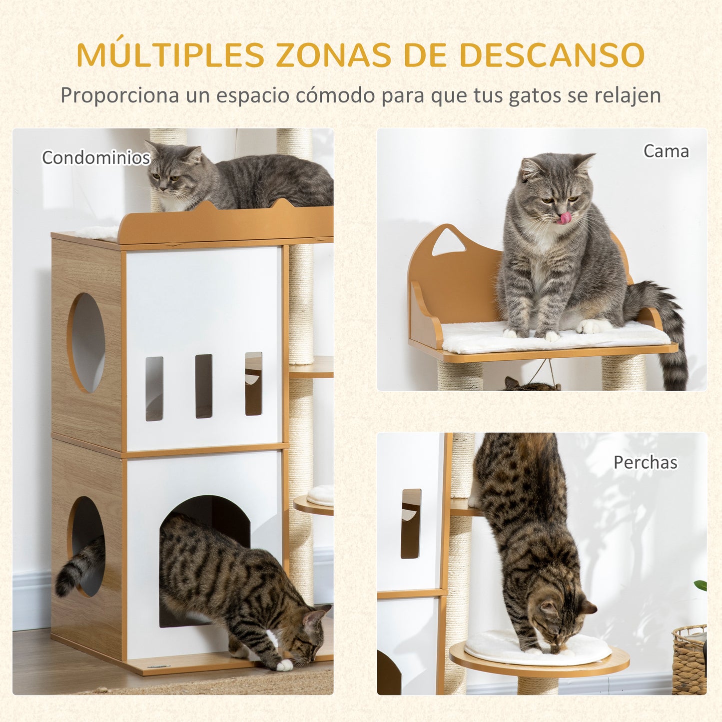 PawHut Árbol Rascador para Gatos 133 cm Torre para Gatos Rascador para Gatos con Cuevas Plataformas Bola Colgante y Postes de Sisal 60x48x133 cm Roble