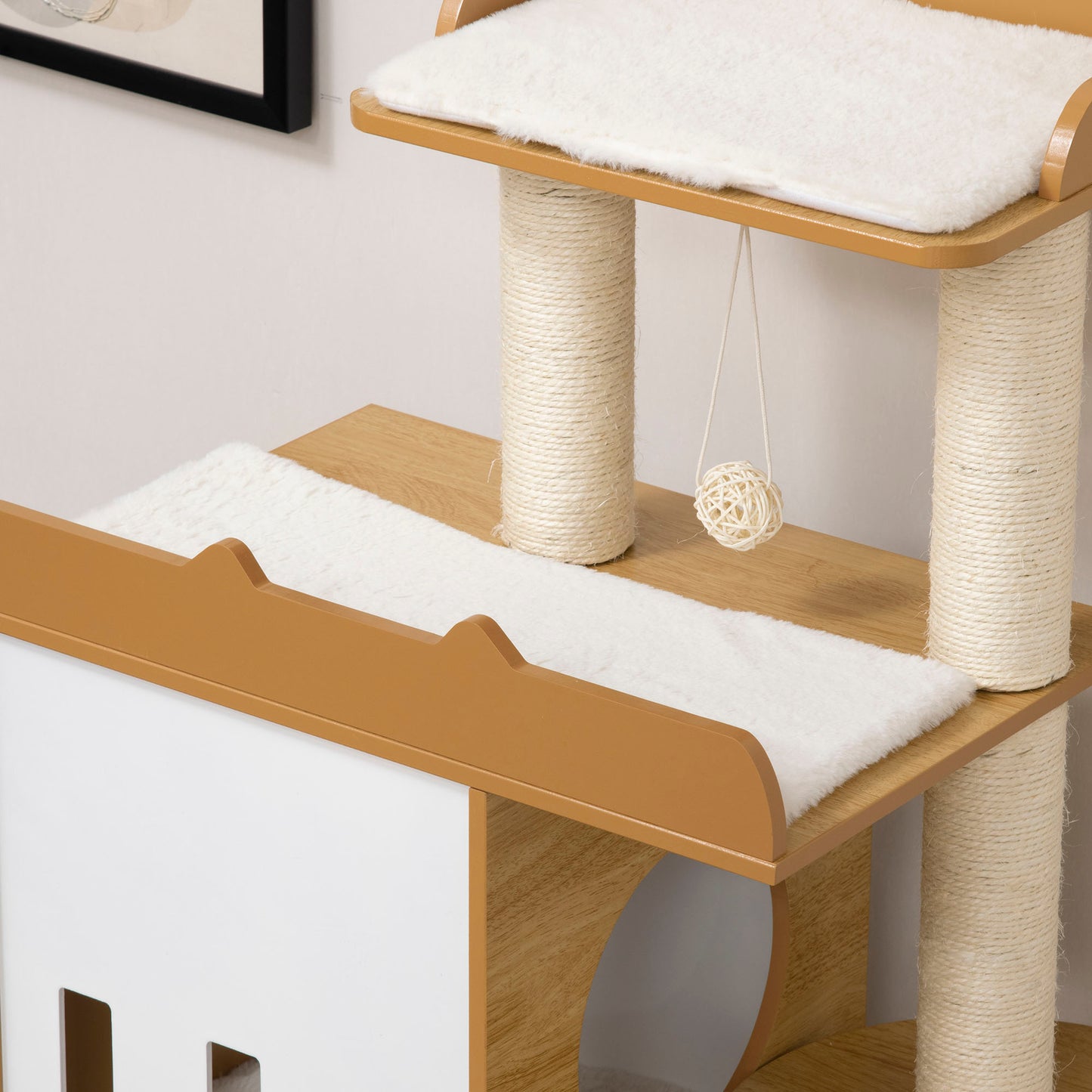 PawHut Árbol Rascador para Gatos 133 cm Torre para Gatos Rascador para Gatos con Cuevas Plataformas Bola Colgante y Postes de Sisal 60x48x133 cm Roble