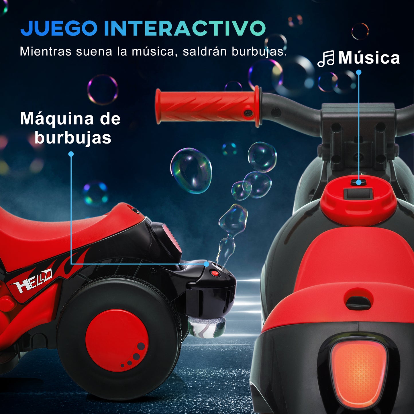 AIYAPLAY Moto Eléctrica para Niños de +2 Años Moto de Batería para Niños 6V con Función de Soplar Burbujas Faros Música Moto para Niños con Velocidad 3 km/h Carga 30 kg Rojo