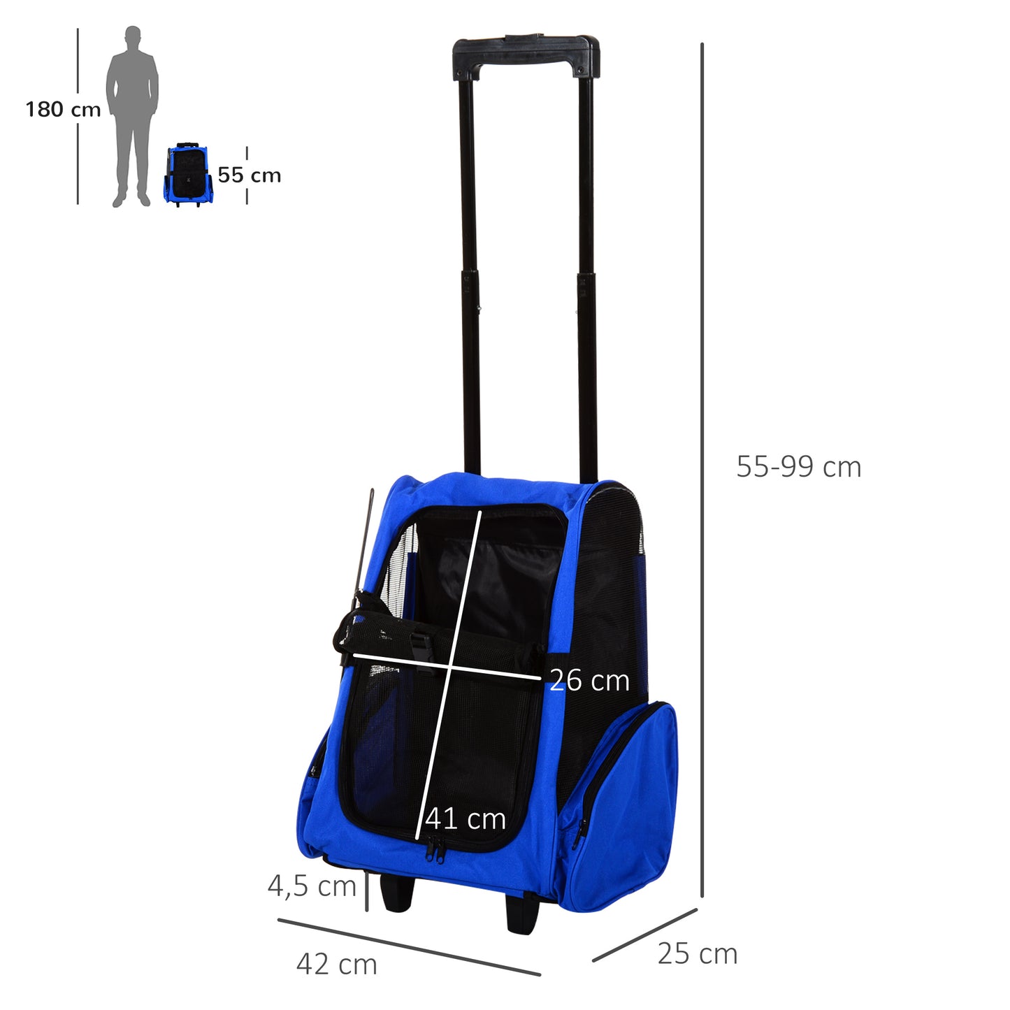 PawHut Transportín 2 en 1 para Mascotas Mochila o Carrito de Viaje para Perro y Gato con 2 Ruedas con Asa retráctil de Aluminio y Bolsillos 42x25x55 cm Azul