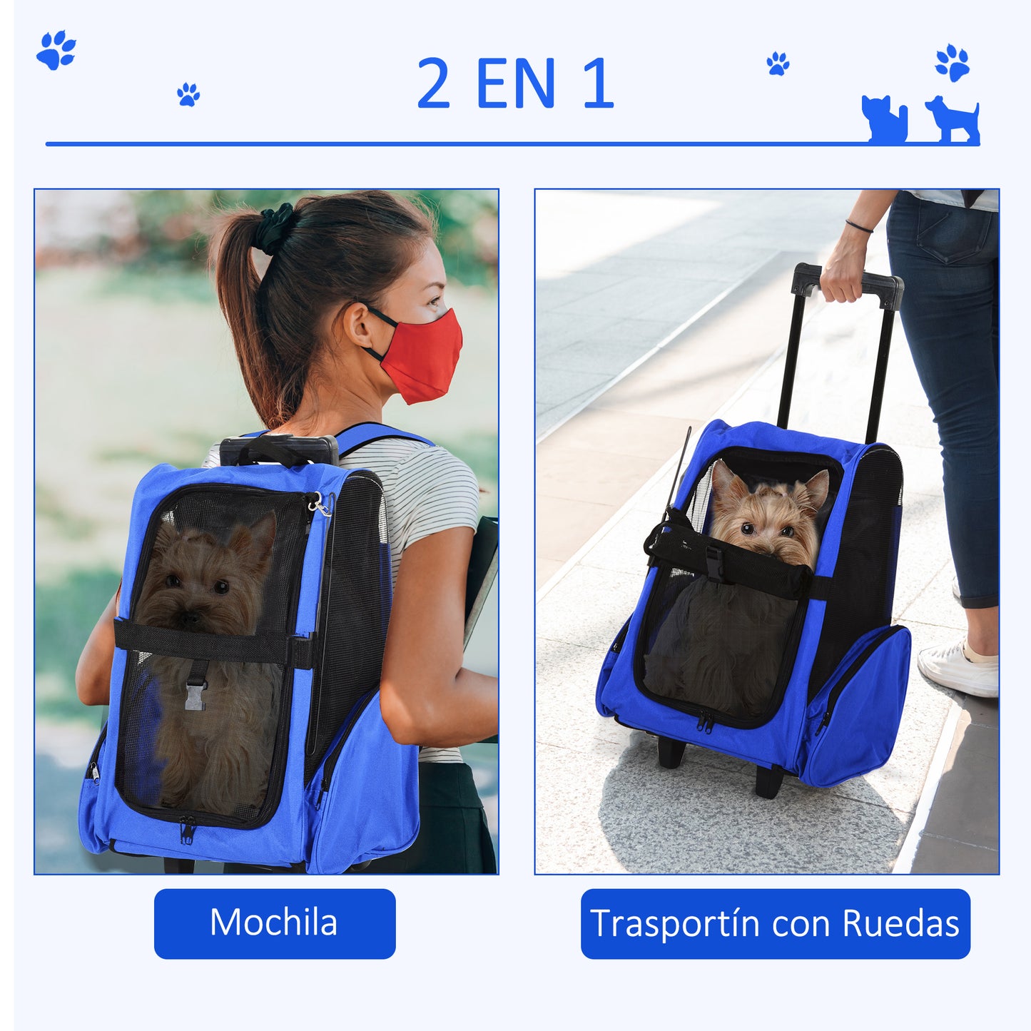 PawHut Transportín 2 en 1 para Mascotas Mochila o Carrito de Viaje para Perro y Gato con 2 Ruedas con Asa retráctil de Aluminio y Bolsillos 42x25x55 cm Azul