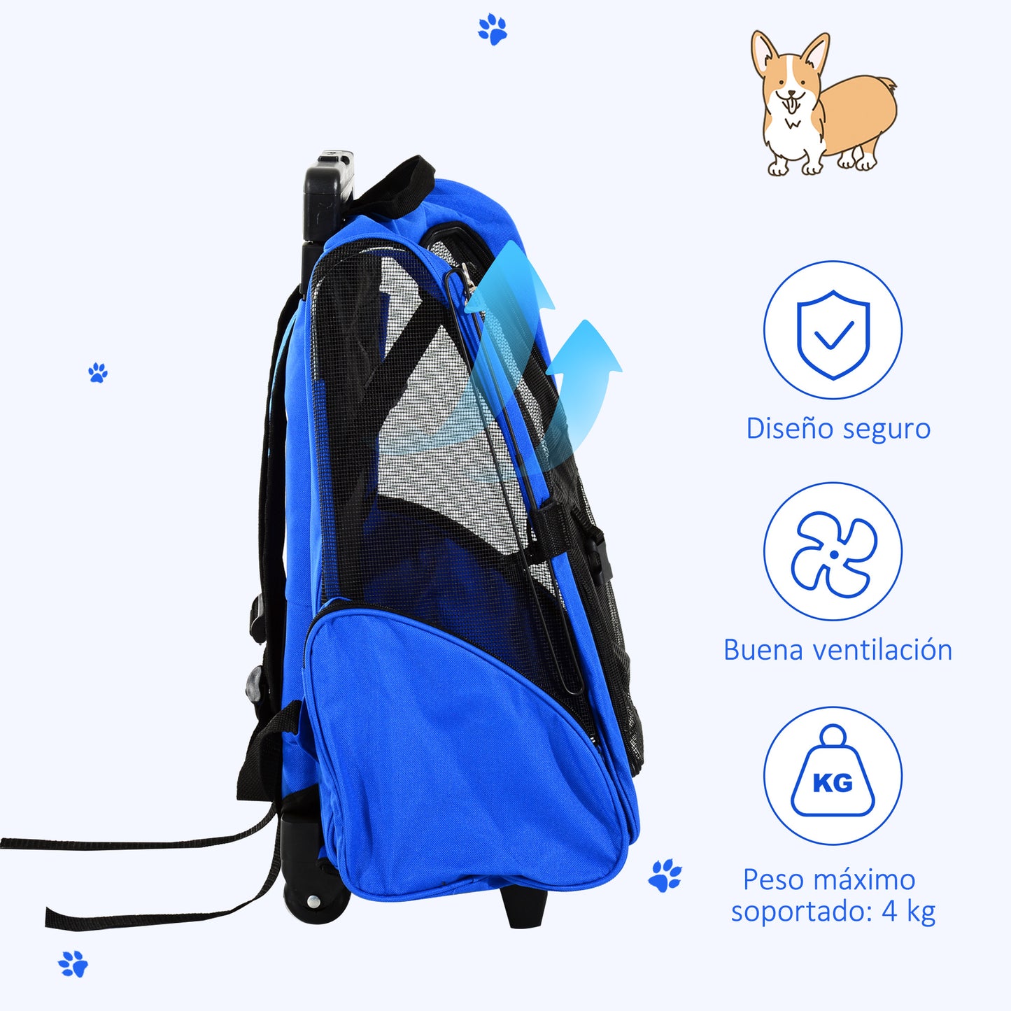 PawHut Transportín 2 en 1 para Mascotas Mochila o Carrito de Viaje para Perro y Gato con 2 Ruedas con Asa retráctil de Aluminio y Bolsillos 42x25x55 cm Azul