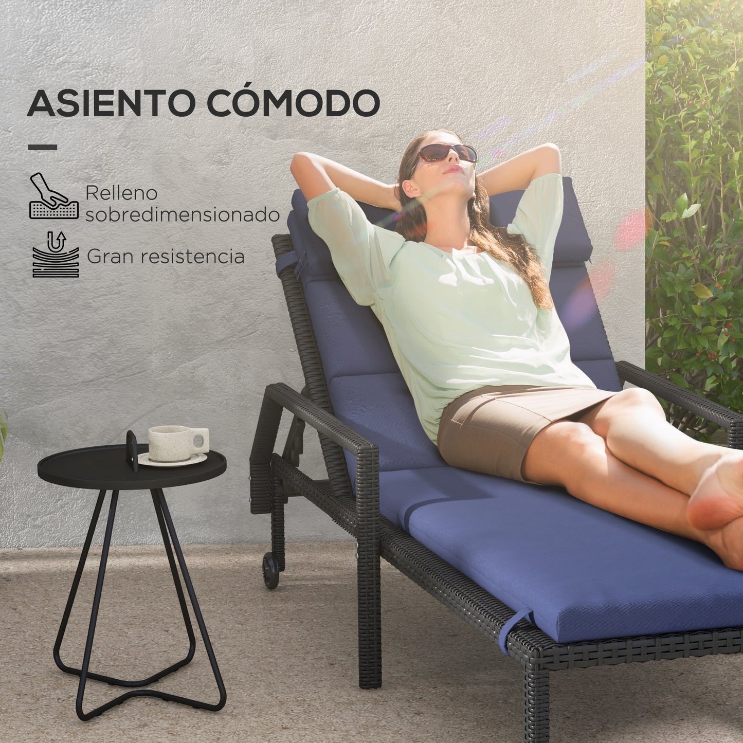 Outsunny Cojín para Tumbona 196x63x6 cm Colchoneta para Tumbona de Algodón con Tela Hidrófuga Cojín de Asiento y Respaldo para Jardín Terraza Balcón Azul Oscuro