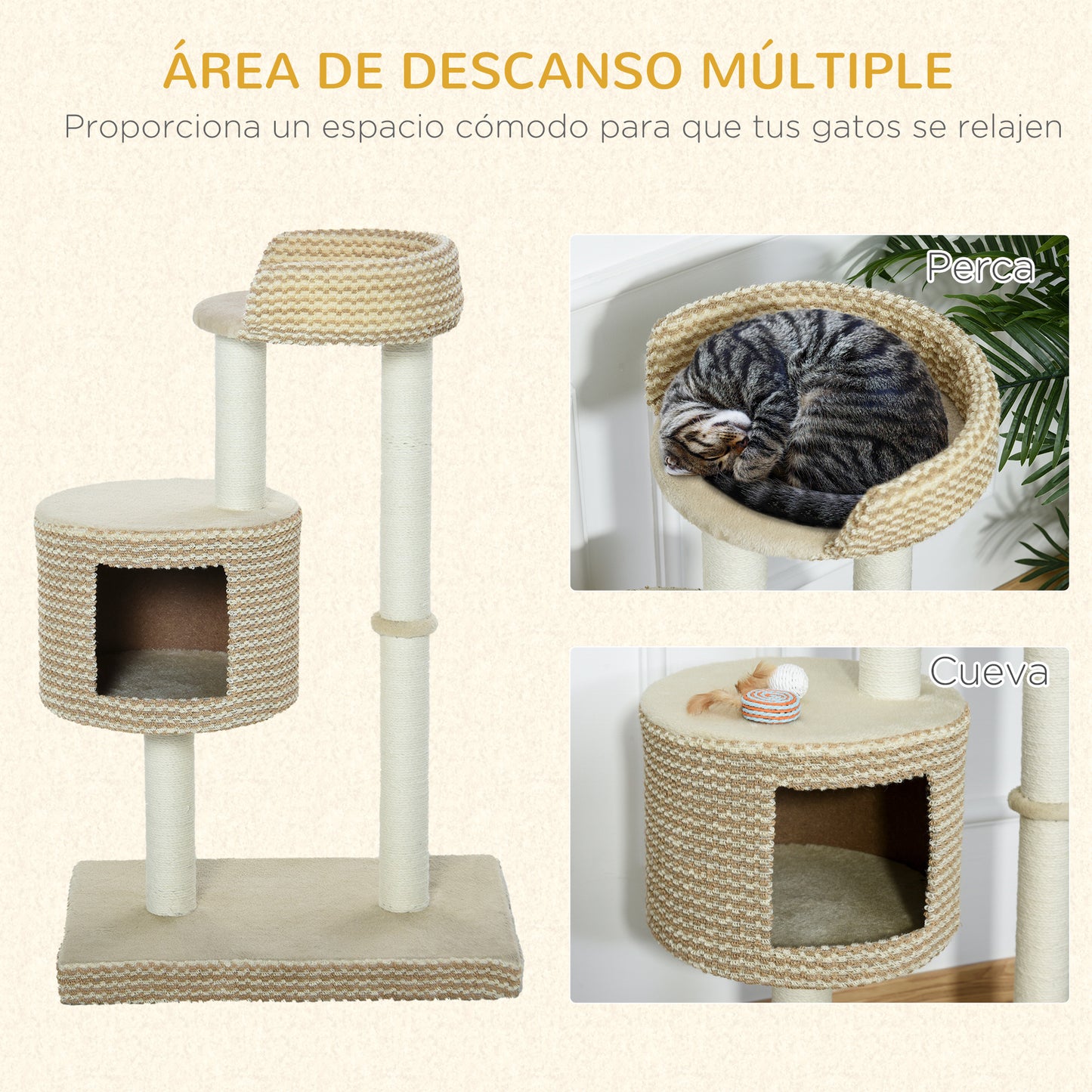 PawHut Árbol Rascador para Gatos Árbol de Actividades para Gatos con Cueva de Felpa Postes de Yute Plataforma Cómoda 61x41x96 cm Beige y Café