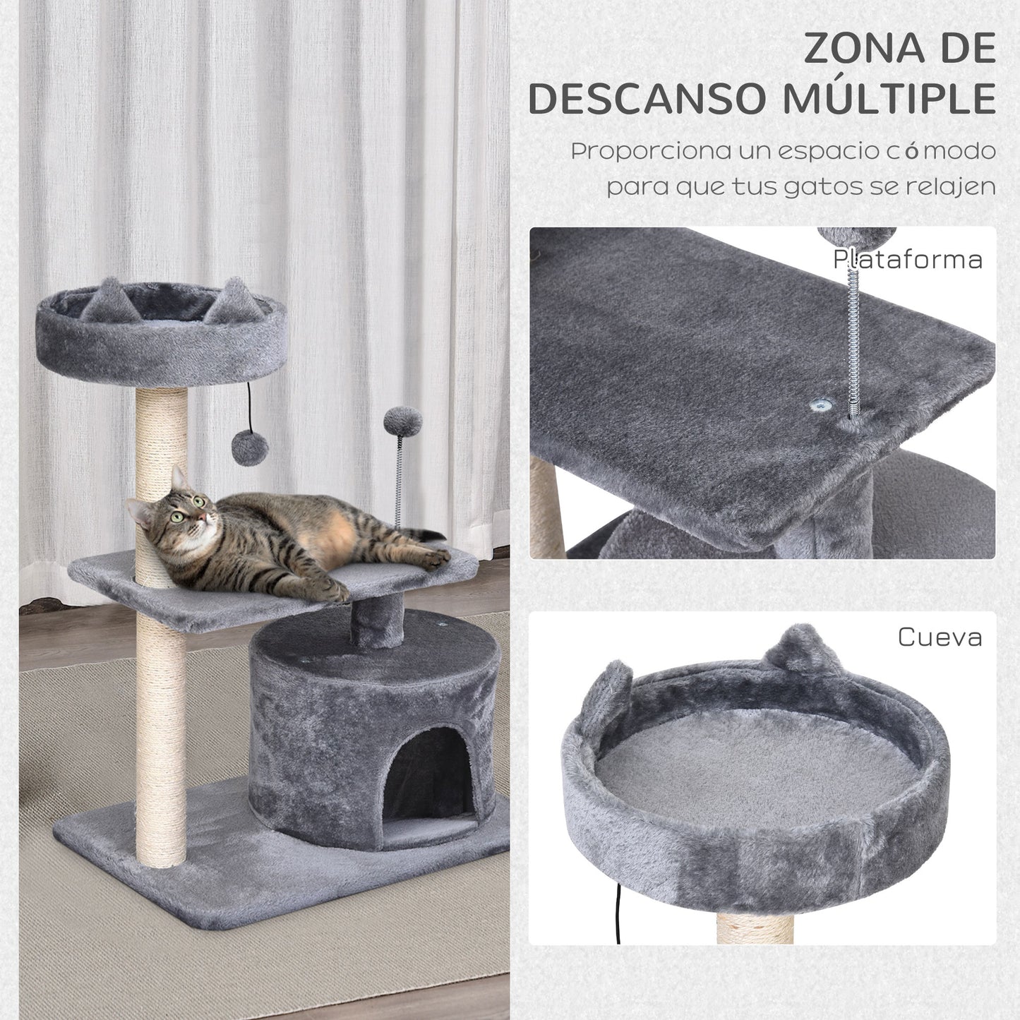 PawHut Árbol Rascador para Gatos 81 cm Torre para Gatos Medianos con Cama Plataforma Refugio Poste de Sisal y Bolas de Juguete 60x40x81 cm Gris